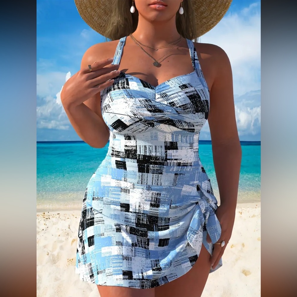 NEW 1 Piece Swim Dress, geometric blue #SW-D1-0092